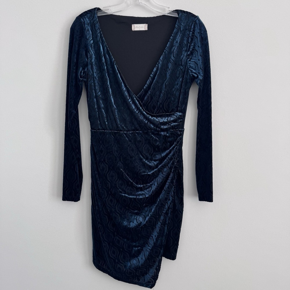 Altar'd State Velvet Wrap Dress S Teal Long Sleeve Ruched Bodycon